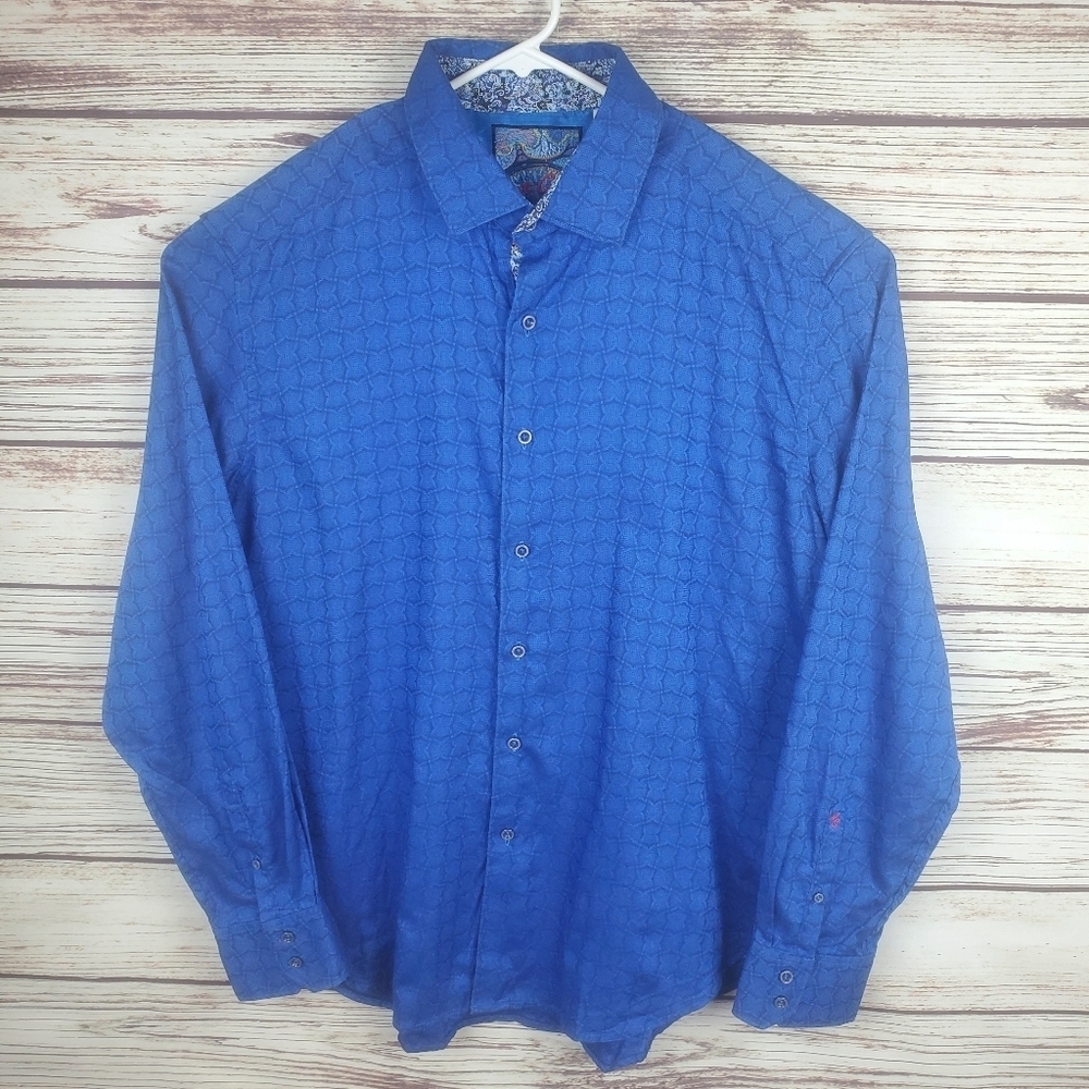 Robert Graham Mens 2XL Long Sleeve Navy/Royal Blue Print Button Down Shirt